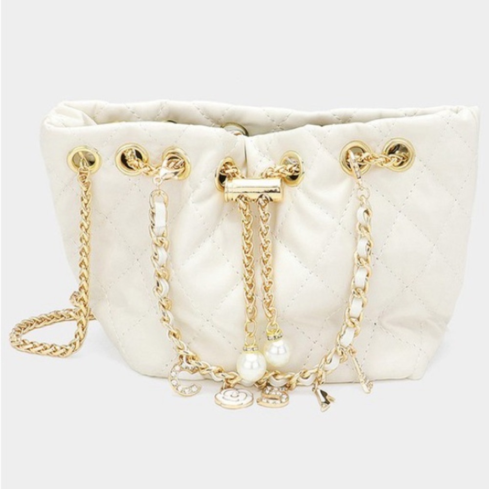 Cream Quilted Shoulder Bag with Gold Chain and Charm Details